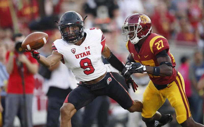 Utah Utes wide receiver Darren Carrington II (9) tries to make a grab against USC Trojans cornerback Ajene Harris (27) in Los Angeles on Saturday, Oct. 14, 2017.