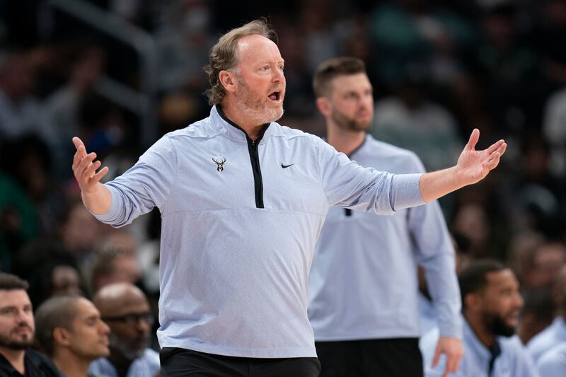Milwaukee Bucks head coach Mike Budenholzer looks on during game against the Washington Wizards, April 4, 2023.