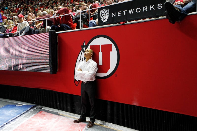 Tom Farden watches the arena screen during an NCAA gymnastics meet with BYU at the Huntsman Center on Jan. 8, 2016.