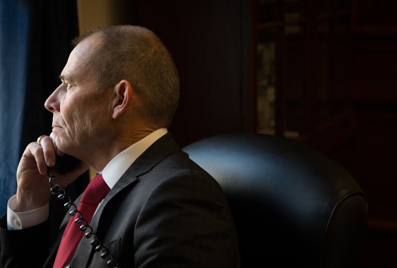 Rep. John Curtis, R-Utah, coordinates logistics in his new office on Capitol Hill during his first day in Washington, D.C., on Monday, Nov. 13, 2017.