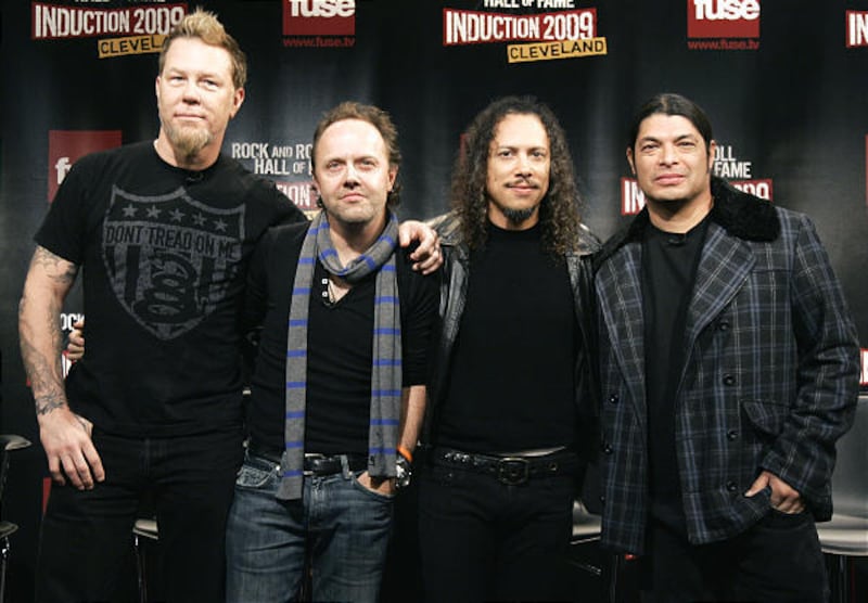 The band Metallica, from left, James Hetfield, Lars Ulrich, Kirk Hammett and Robert Trujillo after a news conference in New York in January 2009. Twenty-eight years after forming, the San Francisco-based band will be inducted into the Rock and Roll Hall o
