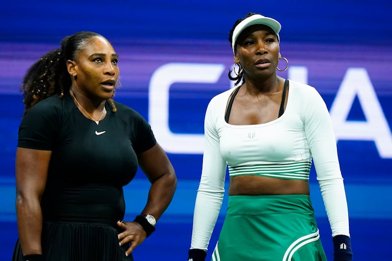 Serena Williams and Venus Williams during their first-round doubles match at the U.S. Open on Thursday, Sept. 1, 2022.