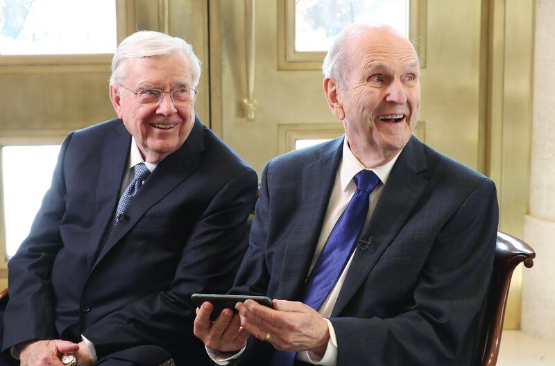 Presidents M. Russell Ballard and Russell M. Nelson react to seeing a photograph at the Rome Italy Temple in March 2019.