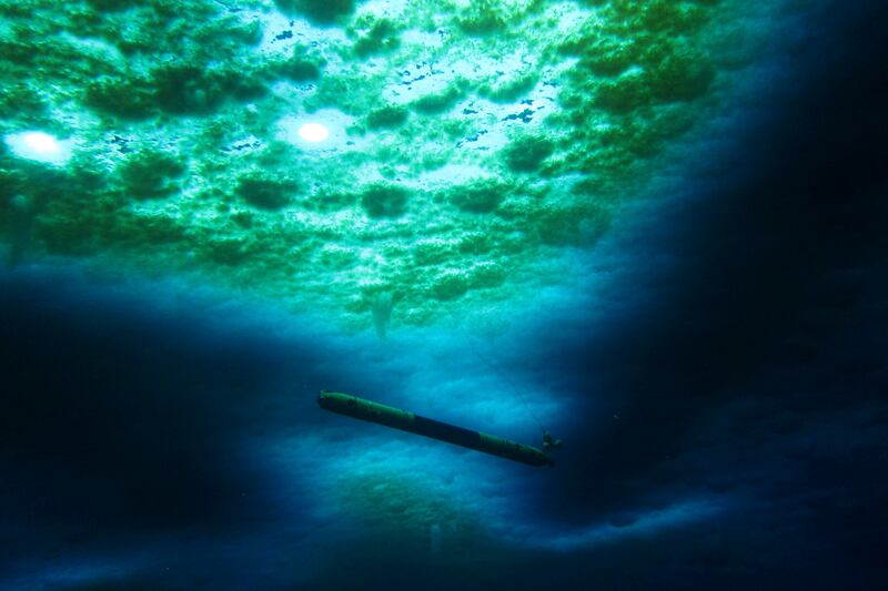 A robot nicknamed Icefin operates under the sea ice near McMurdo Station in Antarctica.