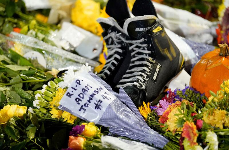 Floral tributes outside the Motorpoint Arena ahead of a memorial for Nottingham Panthers’ ice hockey player Adam Johnson, in Nottingham, England, on Nov. 4, 2023.