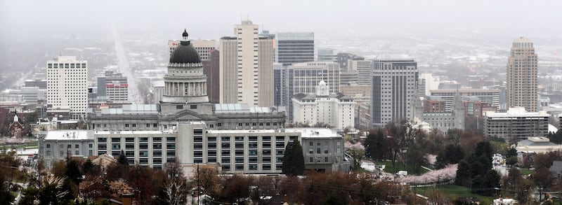 The Salt Lake City skyline is pictured on Tuesday, April 9, 2019.