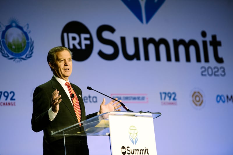 IRF Summit 2023 co-chair Sam Brownback speaks during the international religious freedom conference in January 2023.