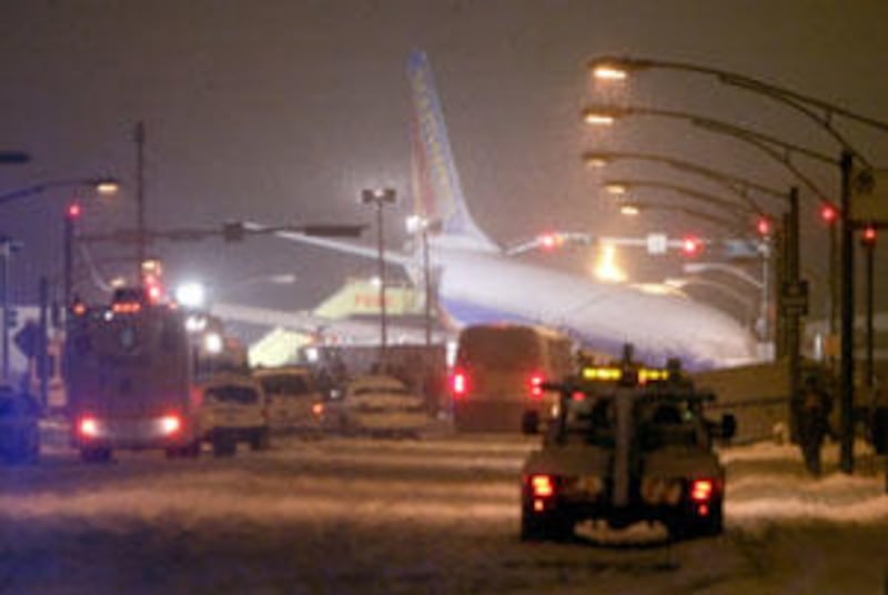 A Southwest jet is shown after trying to land in heavy snow at Midway Airport in Chicago.