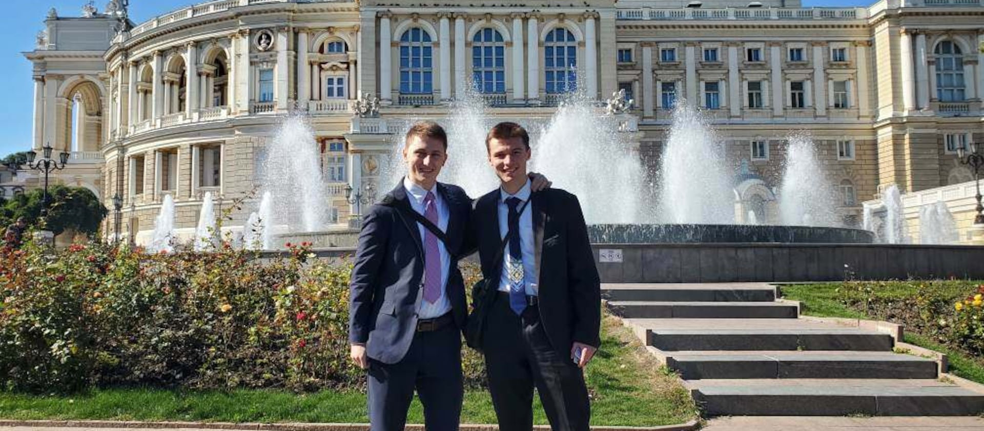 Elders Stewart Moore and Matthew Landon while serving as Latter-day Saint missionaries in Odessa, Ukraine, on Oct. 21, 2021.