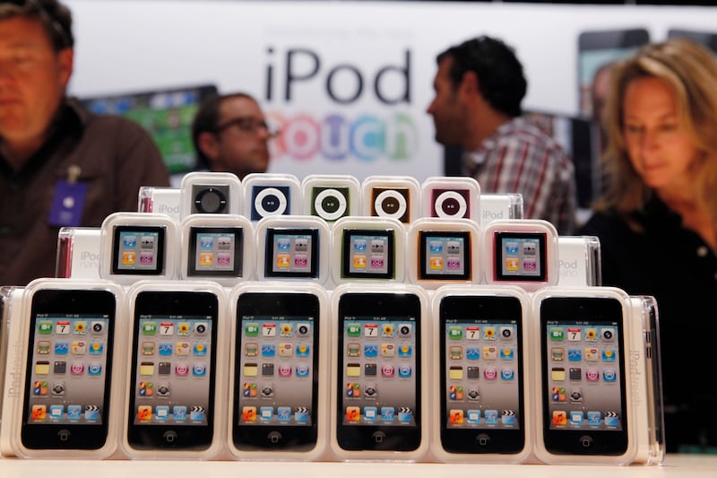 Apple iPod Touch, iPod Nano and iPod Shuffle are displayed during an Apple event.