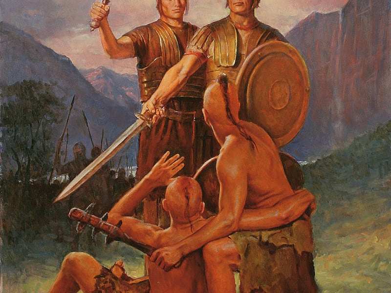 Captain Moroni and Zerahemnah is a painting by Del Parson.