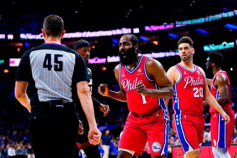 Philadelphia 76ers’ James Harden argues a call during Game 4 of second-round playoff series against Miami in Philadelphia.