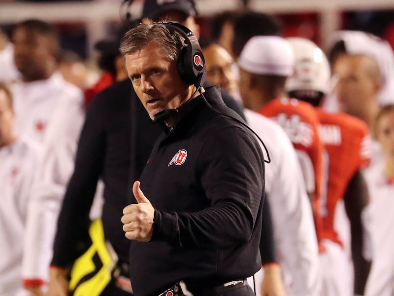Utah Utes head coach Kyle Whittingham gestures during NCAA football against the USC Trojans in Salt Lake City on Saturday, Oct. 20, 2018.