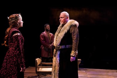 Stephanie Lambourn (left) as Queen Margaret, Wayne T. Carr as Duke of Suffolk and Dan Kremer as Duke of Gloucester in the Utah Shakespeare Festival’s 2019 production of "The Conclusion of Henry VI: Parts Two and Three."