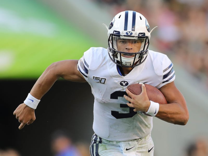 BYU quarterback Jaren Hall rushes for a first down against USF in Tampa, Florida on Saturday, Oct. 12, 2019.