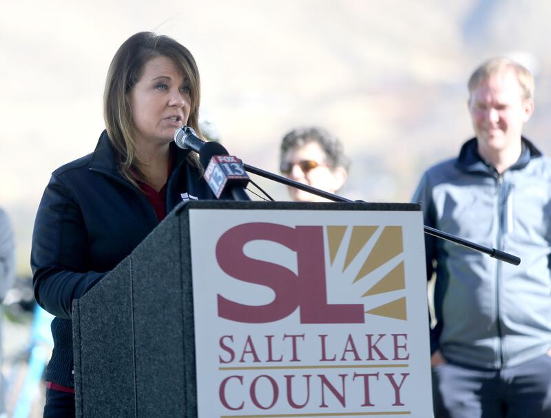 FILE - South Salt Lake Mayor Cherie Wood speaks at a ribbon cutting ceremony to celebrate the completion of two major segments of Parley’s Trail at Tanner Park in Salt Lake City, on Tuesday, Oct. 17, 2017.