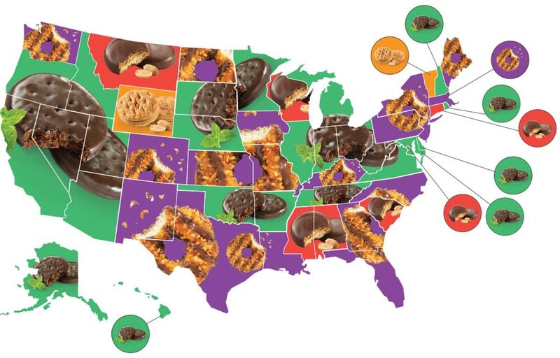 This map shows the most popular Girl Scout Cookies in each state.