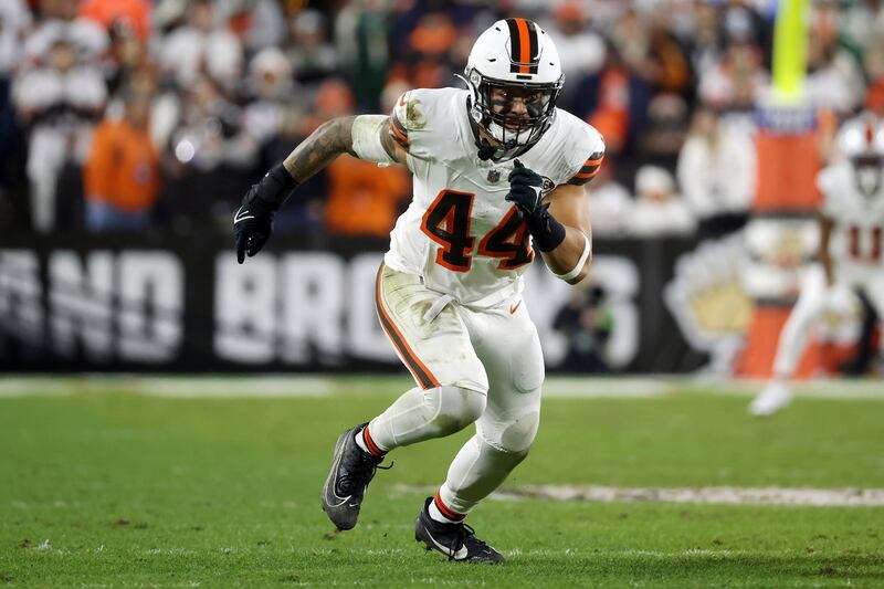 Cleveland Browns linebacker Sione Takitaki (44) runs after the ball during an NFL football game against the New York Jets, Thursday, Dec. 28, 2023, in Cleveland.