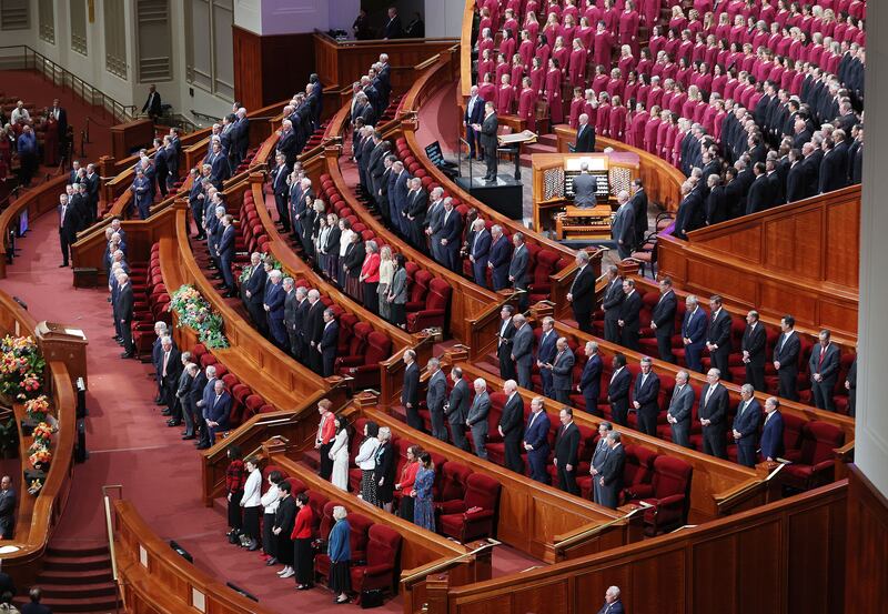 Leaders sing during a congregational hymn during the Sunday afternoon session of the 192nd Semiannual General Conference of The Church of Jesus Christ of Latter-day Saints in Salt Lake City on Sunday, Oct. 2, 2022.