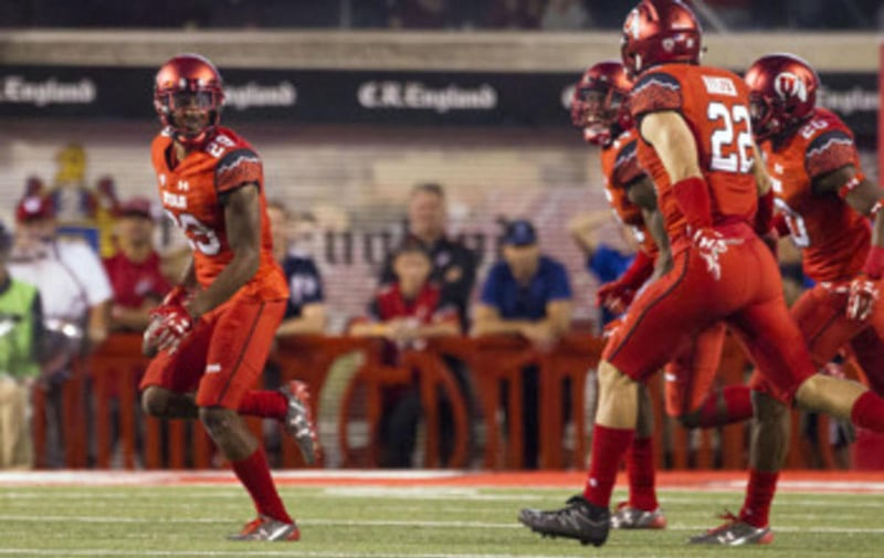 Utah Utes defensive back Reginald Porter (29) celebrates after intercepting a pass against the Brigham Young Cougars during an NCAA football game in Salt Lake City on Saturday, Sept. 10, 2016. Utah defeated BYU 20-19 for its sixth-consecutive win.
