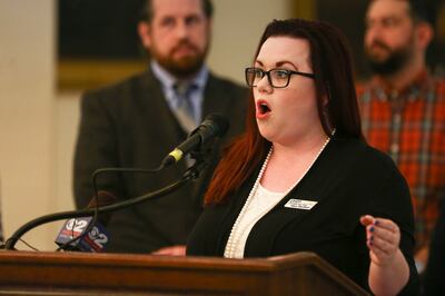 Stacy Stanford, health policy analyst with the Utah Health Policy Project, discusses the Utah Senate's vote to replace voter-approved full Medicaid expansion during a press conference at the Capitol in Salt Lake City on Monday, Feb. 4, 2019.