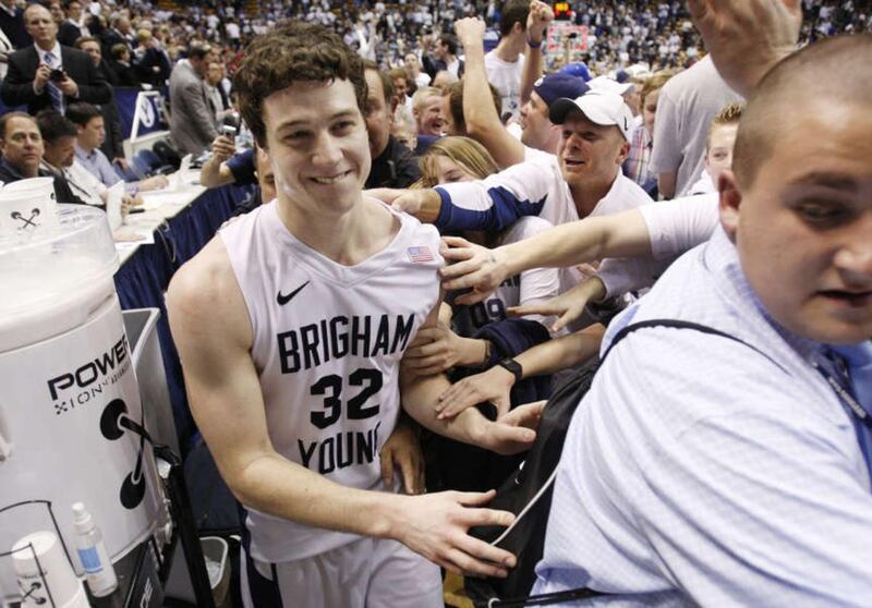 BYU guard Jimmer Fredette (32) celebrates after beating San Diego State in NCAA basketball action in Provo on Jan. 27.