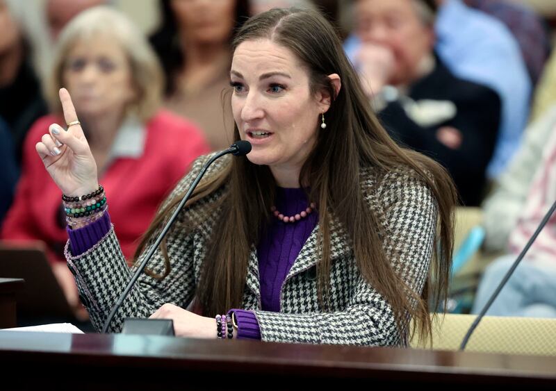 Utah County Commissioner Amelia Powers Gardner testifies during the legislative session in Salt Lake City.