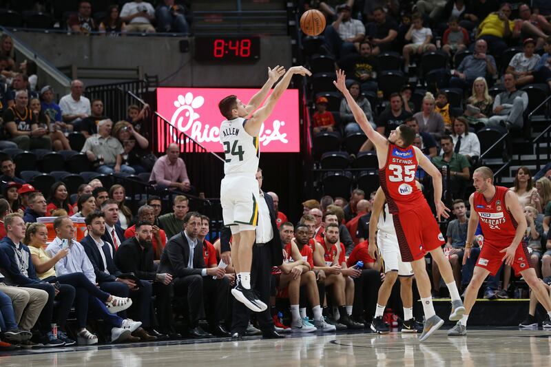 Utah Jazz guard Grayson Allen (24) puts ups a three point shot as the Utah Jazz and the Perth Wildcats play in an exhibition basketball game at Vivint Smart Home Arena in Salt Lake City on Saturday, Sept. 29, 2018. Jazz won 130-72.