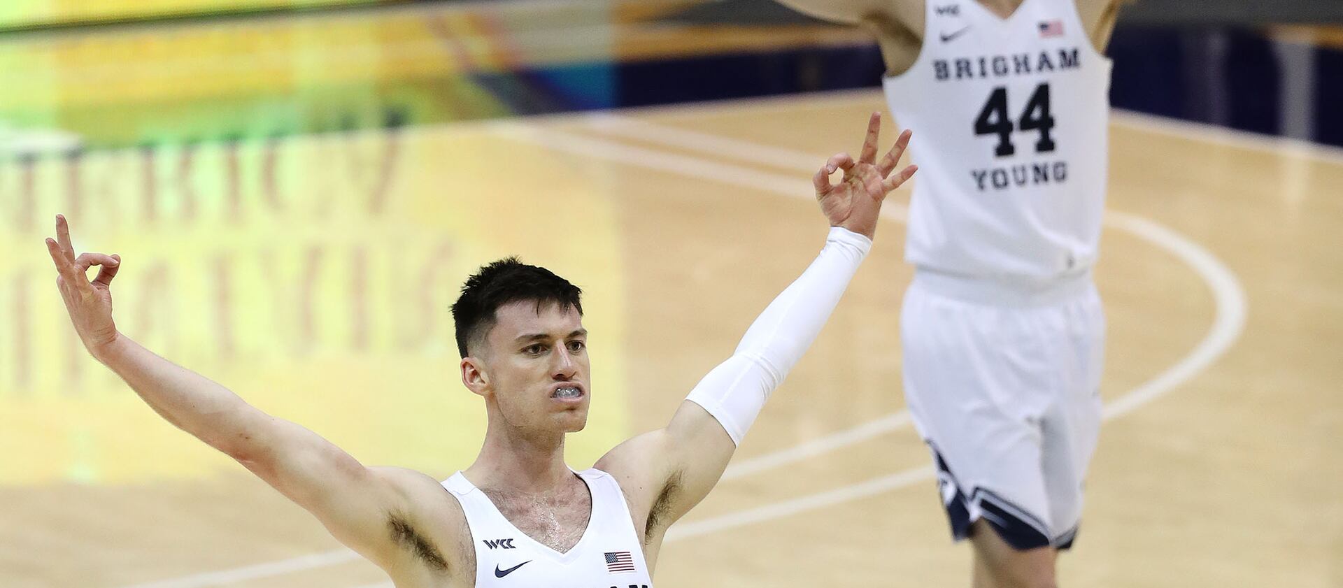 BYU guard Alex Barcello (13) reacts after hitting 3-pointer against the San Francisco Dons in Provo on Feb. 25, 2021.
