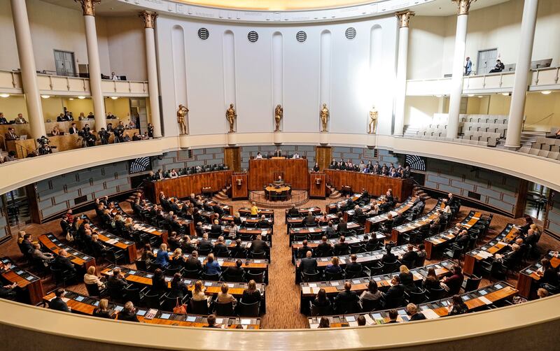 Prime Minister of Finland Sanna Marin talks at the Finnish Parliament.