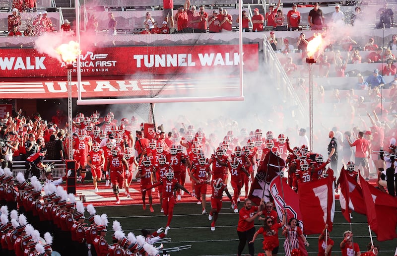 The Utes take the field in the opener against the Florida Gators in Salt Lake City on Thursday, Aug. 31, 2023 during the season opener.