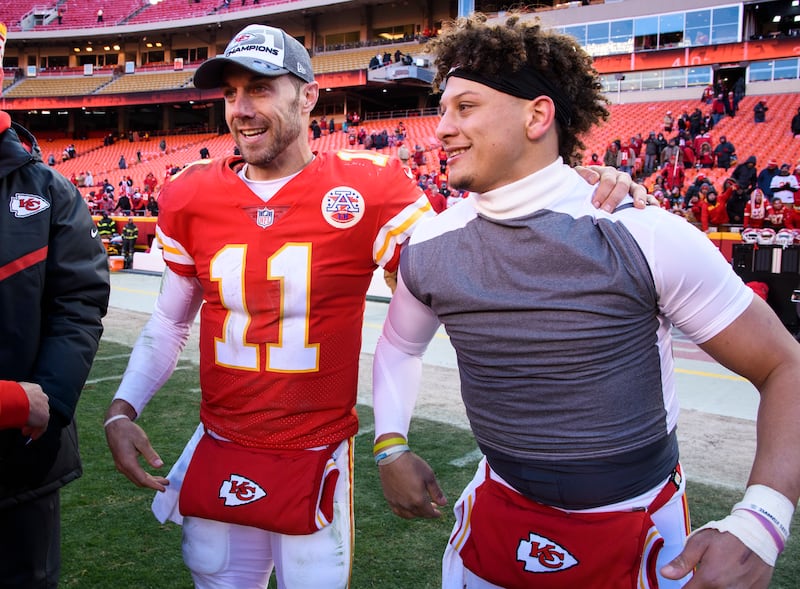 Kansas City quarterback Patrick Mahomes, shown here with then-teammate Alex Smith in 2017, credited Smith for what the veteran QB taught them in their one season together after Mahomes and the Chiefs won Super Bowl LVII on Sunday.