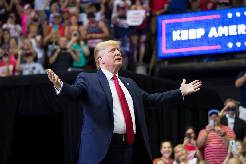 President Donald Trump arrives to speak at a campaign rally Thursday, Aug. 1, 2019, in Cincinnati. (AP Photo/Alex Brandon)