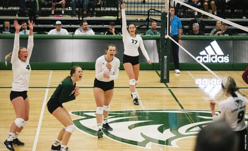 The Utah Valley University volleyball team celebrates after scoring a point against New Mexico State in WAC volleyball action on Saturday afternoon. The Wolverines went on to earn a five-set come-from-behind victory over NM State on Saturday.