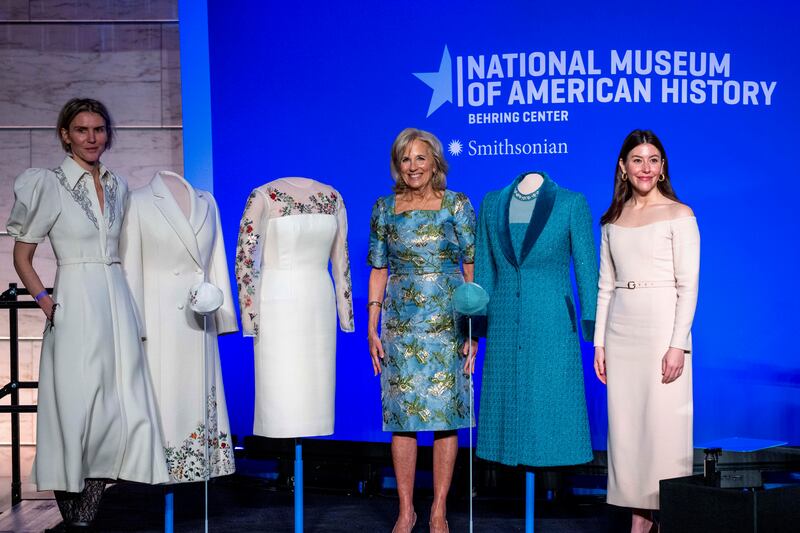 First lady Jill Biden and designers Gabriela Hearst and Alexandra O’Neill at an event to present her 2021 inaugural ensembles to the Smithsonian’s National Museum of American History.