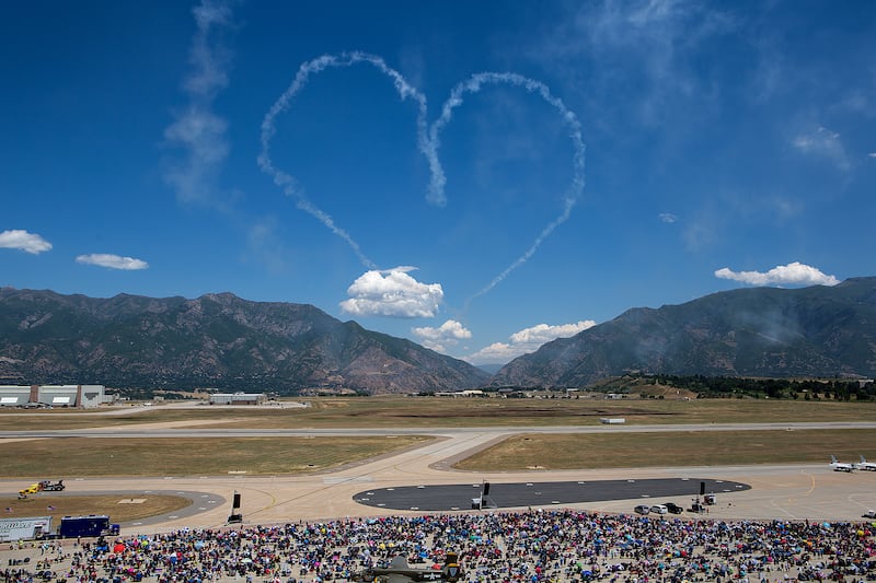Planes drew a heart in the air with smoke in front of thousands of spectators during the Warriors Over the Wasatch Air and Space Show at Hill Air Force Base on Saturday, June 23, 2018.