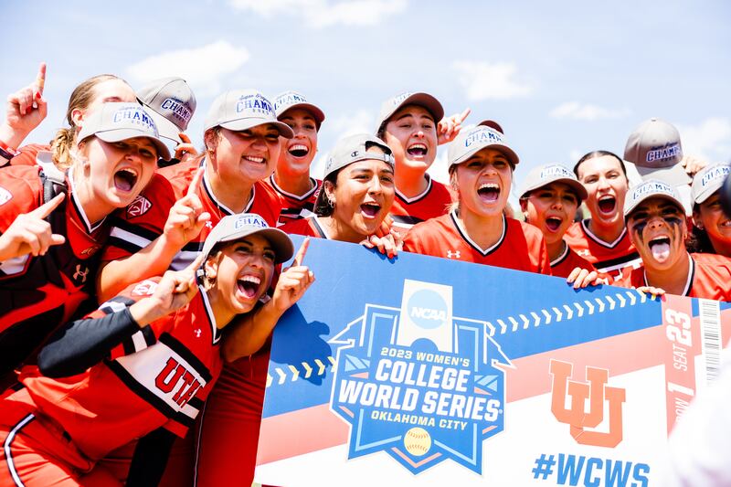 Utah players celebrate after winning the NCAA softball Super Regional on Sunday at Dumke Family Softball Stadium.