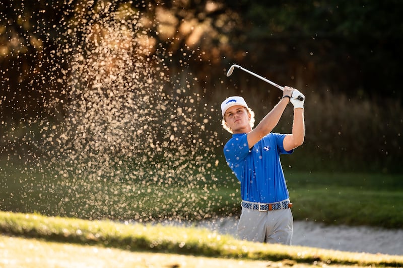 BYU's Jackson Mauss blasts from a bunker. Unranked BYU is a six seed in this week’s NCAA Reno Regional, and needs to finish in top five to advance to NCAA Championships.