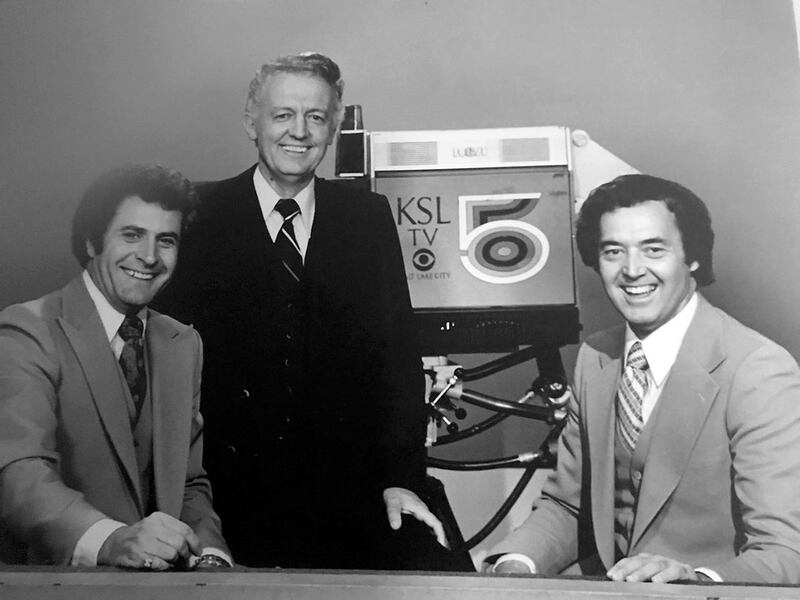The former voice of the BYU Cougars and former KSL sportscaster Paul James, right, seen in this undated photo with former KSL-TV anchors Dick Nourse, left, and Bob Welti.