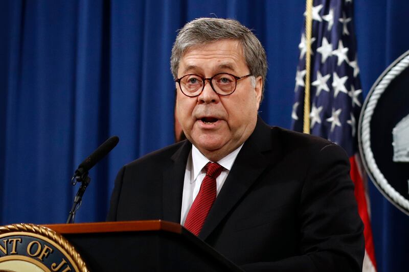 FILE - In this April 18, 2019, file photo, Attorney General William Barr speaks about the release of a redacted version of special counsel Robert Mueller's report during a news conference at the Department of Justice in Washington. Barr is taking aim judg