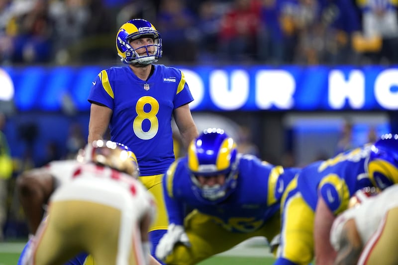 Los Angeles Rams kicker Matt Gay prepares to kick a field goal against the San Francisco 49ers during NFC Championship game