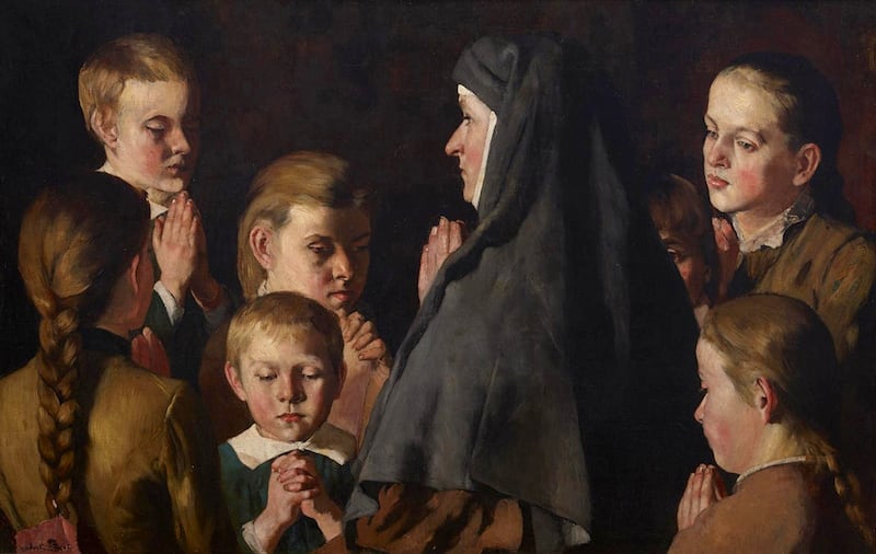 “A Nun Among the Children,” by Polish painter Ludwik Stasiak, depicts children praying with a Catholic nun.