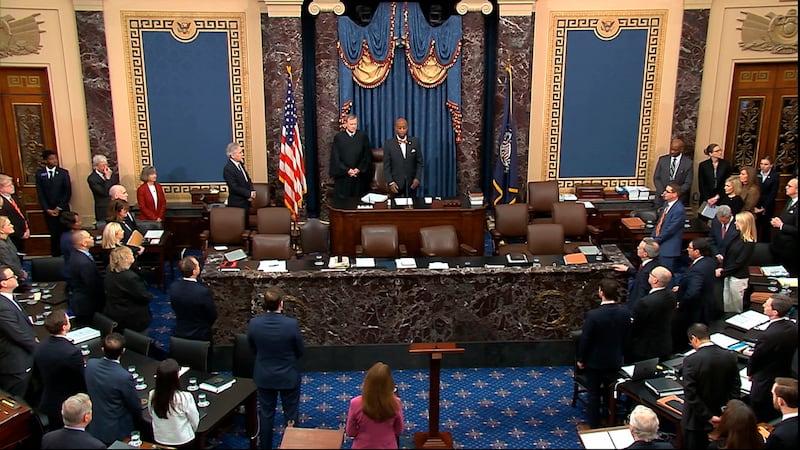 In this image from video, Senate chaplain retired Navy Adm. Barry Black gives the opening prayer during the impeachment trial against President Donald Trump in the Senate at the U.S. Capitol in Washington, Saturday, Jan. 25, 2020.