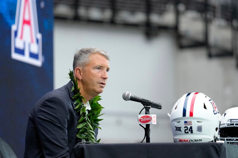 First-year Arizona coach Brent Brennan speaks Big 12 media days in Las Vegas, Wednesday, July 10, 2024.