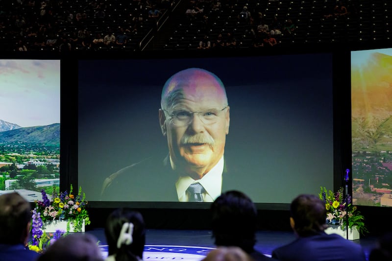 Kansas City Chiefs coach Andy Reid speaks by video at BYU's Sesquicentennial Kickoff devotional at the Marriott Center in Provo, Utah, on Tuesday, Sept. 9, 2025.