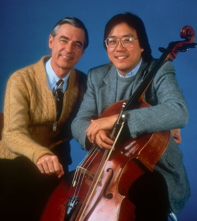 Fred Rogers and Yo-Yo Ma pose for a photo. Ma was a guest on "Mister Rogers' Neighborhood."