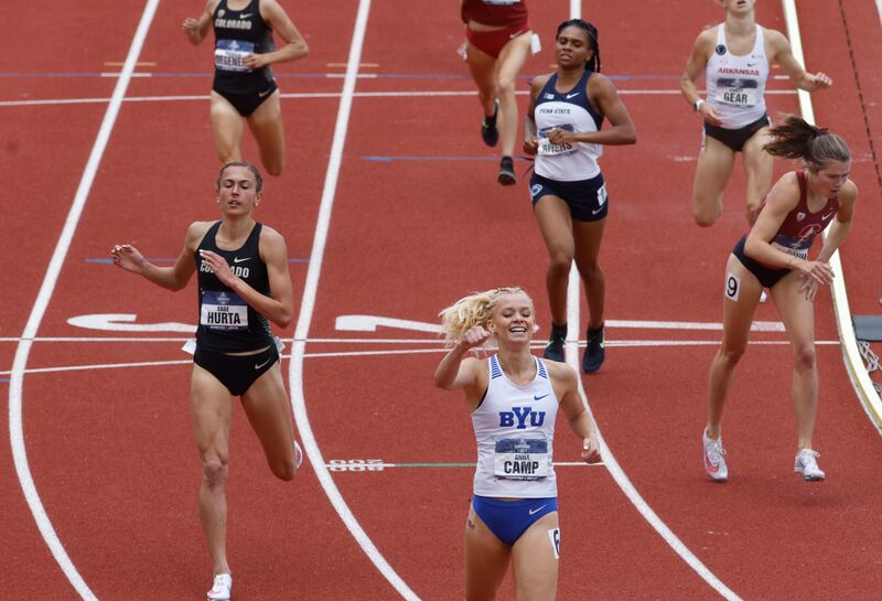 BYU’s Anna Camp celebrates her win in the 1,500 meters during the NCAA Division I Outdoor Track and Field Championships.