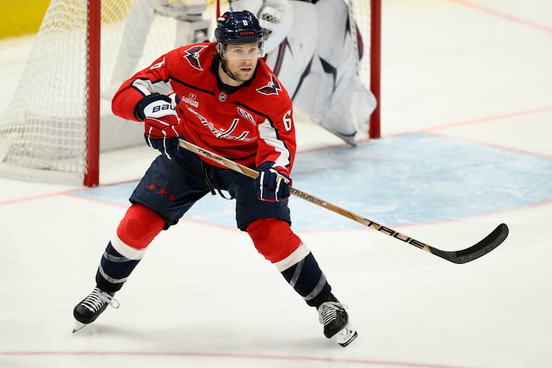 Washington Capitals defenseman Jakob Chychrun (6) in action during third period of Game 1 of a second-round NHL hockey playoff series against the Carolina Hurricanes Tuesday, May 6, 2025, in Washington.