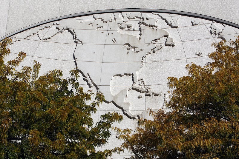 Foliage and a section of the Church Office Building in Salt Lake City, Utah..