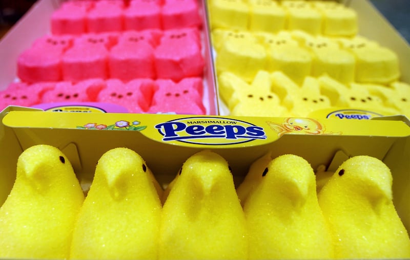 Boxes of Marshmallow Peeps are lined up at the Just Born factory.